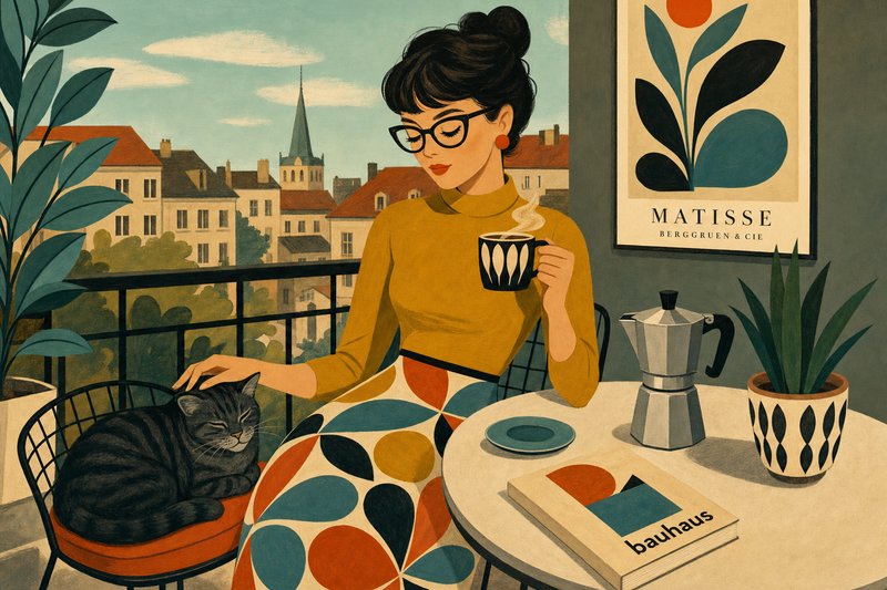 Woman with glasses on a balcony sipping coffee, cat lounging nearby in a retro illustration.