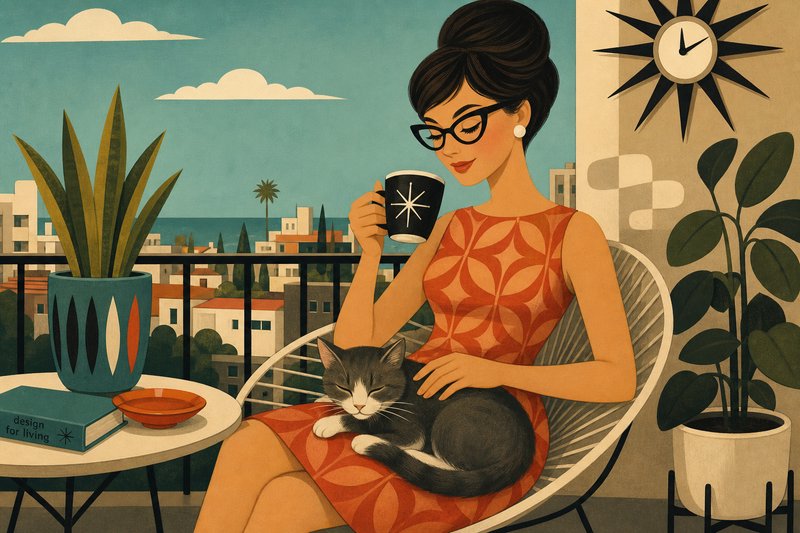 Retro illustration of a woman in an orange dress with glasses, sipping coffee on a balcony with a cat.