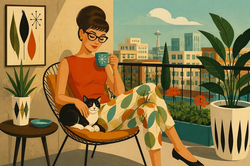 Retro mid-century illustration of a woman on a balcony with a cat, sipping tea.