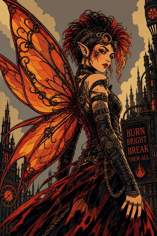 Steampunk-inspired dark fairy with orange wings in a gothic city skyline.