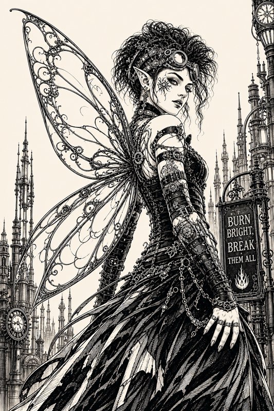 Gothic fairy with intricate lace-like wings in a dark city of spires and clocks.