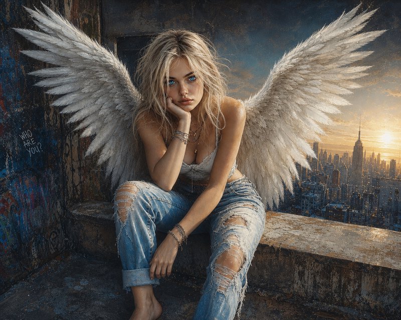 Young woman with large white angel wings sitting on a rooftop ledge at sunset over a city skyline.