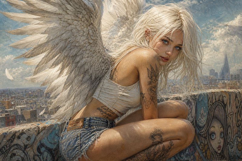 Angel-winged woman posing on a graffiti rooftop with a city skyline in the background.