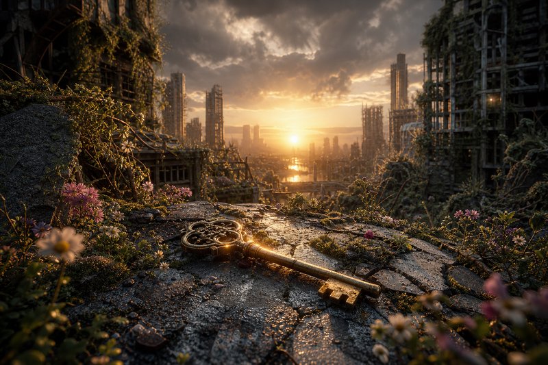 Rusty antique key lies on cracked concrete overgrown with wildflowers, a ruined city skyline at sunset.