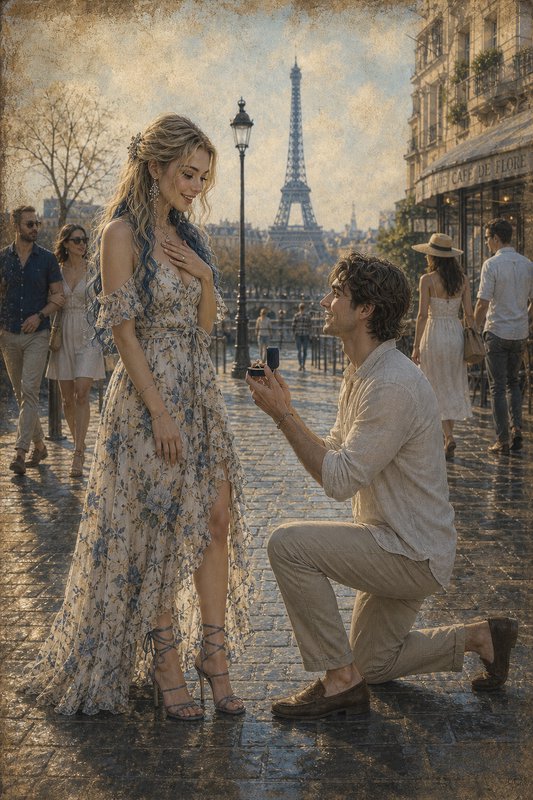 Man proposing to woman in a floral dress on a Paris street with the Eiffel Tower in the background