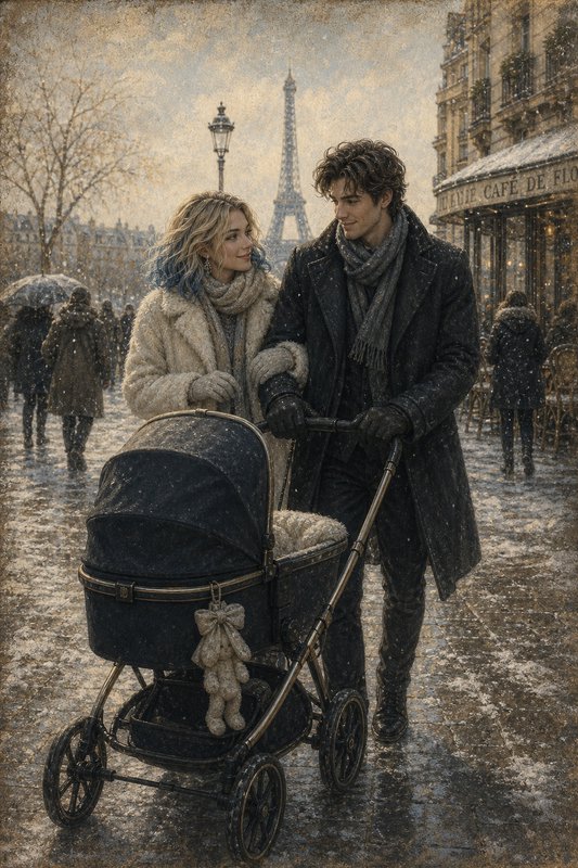 Couple strolling in a snowy Paris street with a baby stroller and the Eiffel Tower in the background