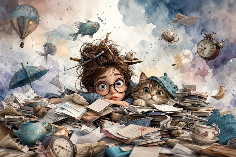 A young girl with round glasses amid a chaotic desk of papers and a cat, surrounded by whimsical items.
