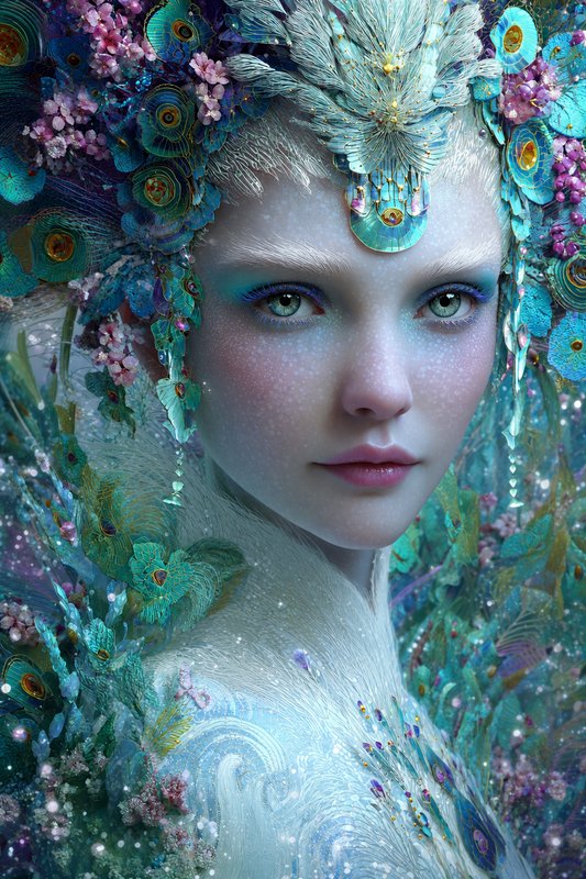Fantasy portrait of a woman with an intricate aqua peacock-feather headdress and icy makeup.