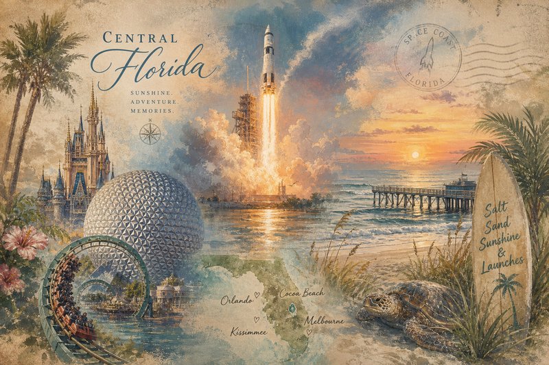 Vintage Central Florida travel poster with rocket launch, Disney castle, geodesic dome, palm trees, and sunset beach scene.