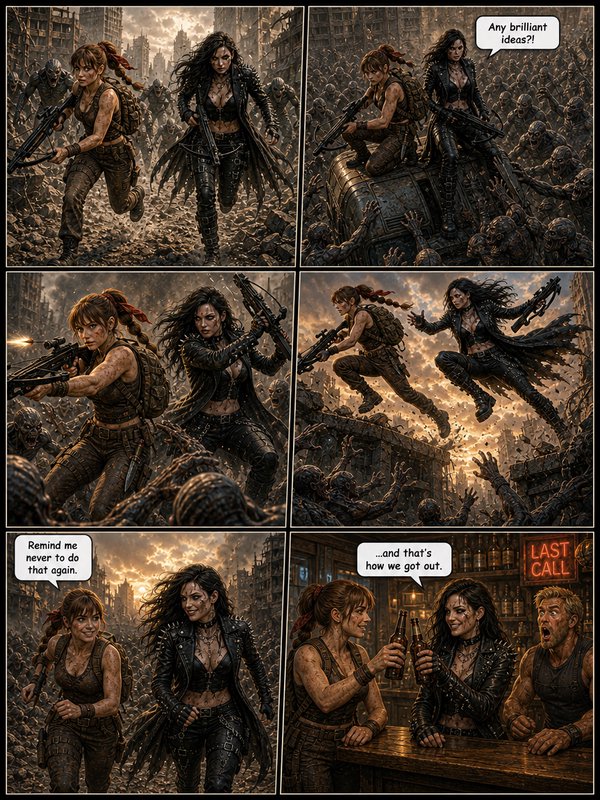 Two armored female protagonists lead a zombie apocalypse escape through a ruined city, shown in gritty comic panels.