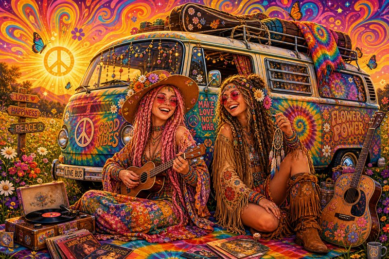 Two women in boho outfits play guitars beside a colorful tie-dye VW bus under a psychedelic sunset.