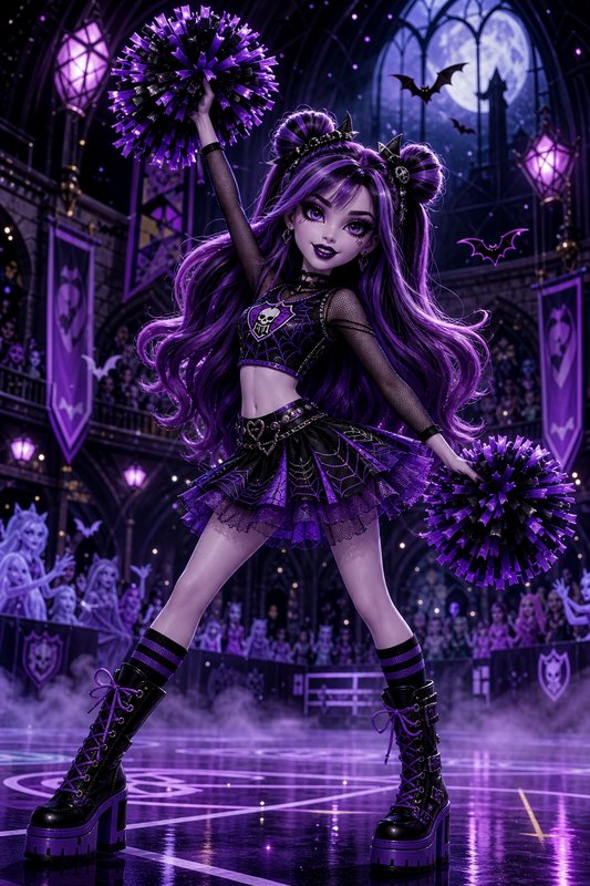 Gothic purple-haired cheerleader in platform boots with purple pom-poms on a neon-lit rink.