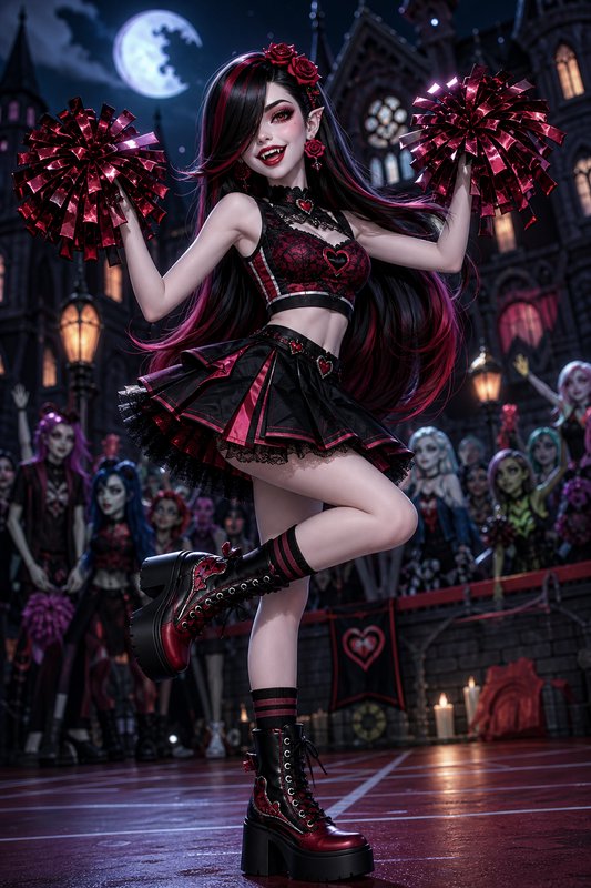 Cosplay girl in a red-and-black Gothic cheerleader outfit performing a high kick with pom-poms at night.