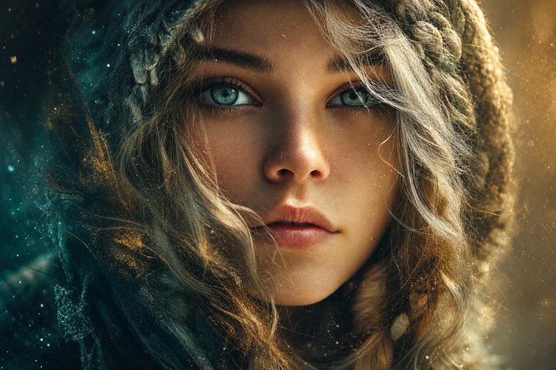 Close-up portrait of a young woman with braided hair under a hood, featuring piercing blue-green eyes.
