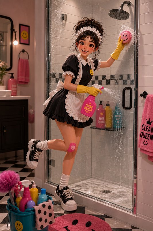A girl in a cute maid outfit cleans a glass shower door with a spray bottle and sponge.
