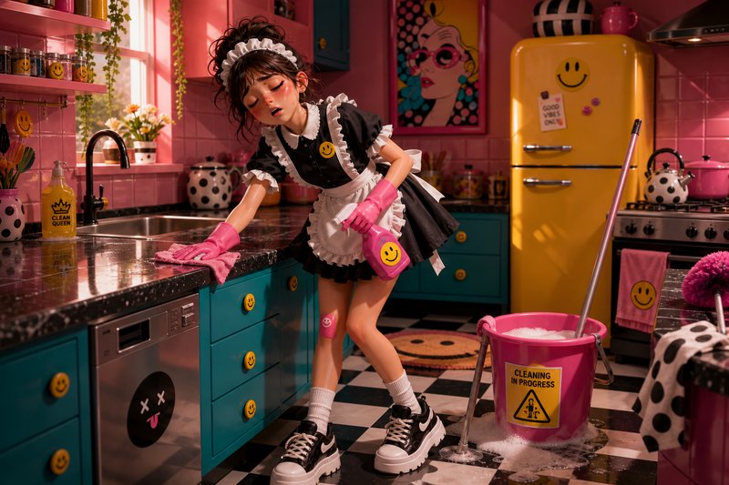 Young woman in a maid outfit cleaning a retro pink-and-teal kitchen with a smiley fridge