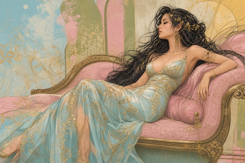 Woman in a blue lace gown reclining on a vintage pink and gold ornate sofa.