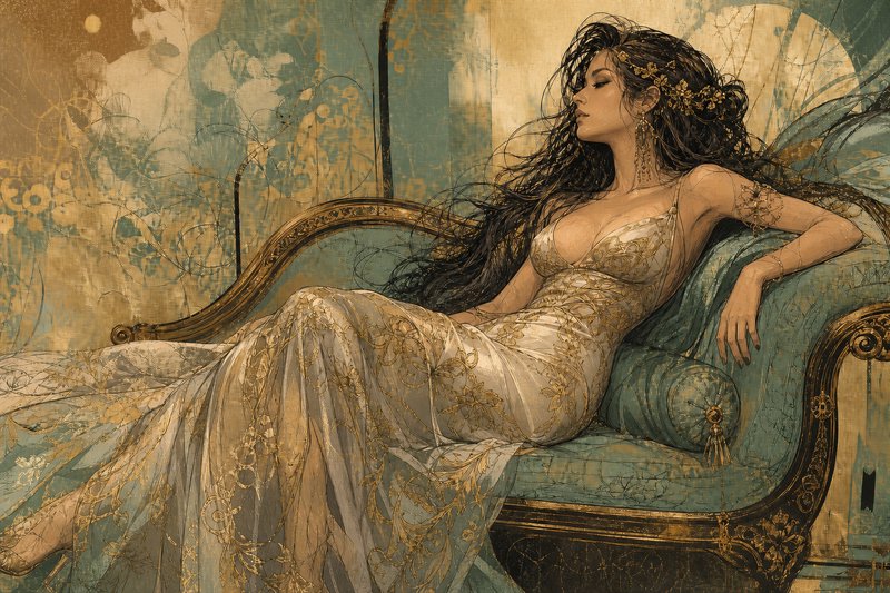 Woman in an ornate gold-embellished gown reclining on a vintage teal and gold chaise.