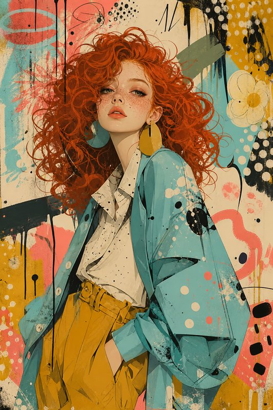 Styled illustrated woman with voluminous red curls, teal jacket, and yellow pants against a vibrant graffiti backdrop.
