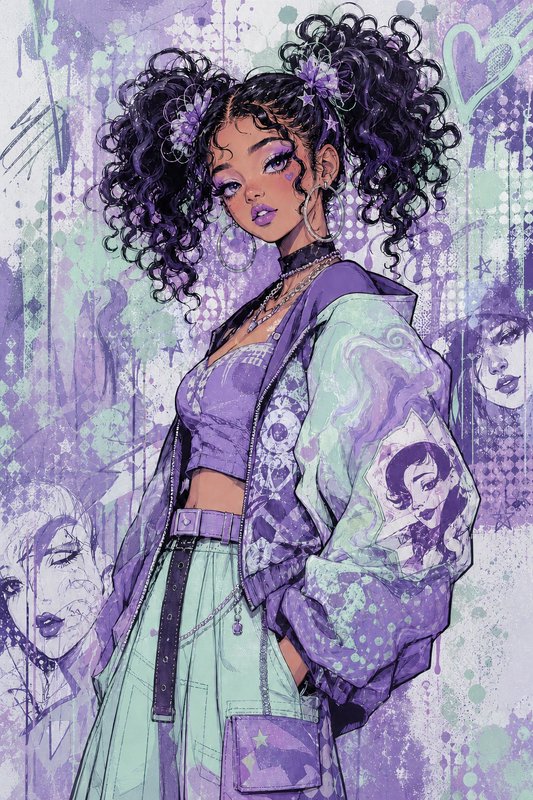 Stylized girl with purple curly twin buns, wearing a lavender crop top and pastel jacket in a purple-mint streetwear look.