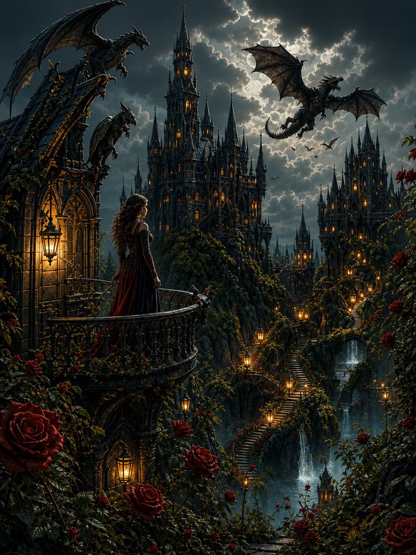 Female in a red gown stands on an ornate balcony, overlooking a moonlit Gothic castle with dragons flying overhead.
