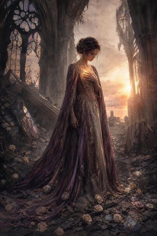 A woman in an ornate, tattered gown stands amid a ruined gothic cathedral bathed in sunset light.
