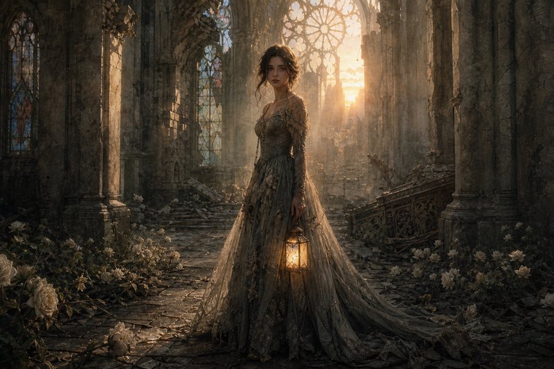 A woman in an ornate antique gown stands in a ruined cathedral, holding a glowing lantern at sunset.