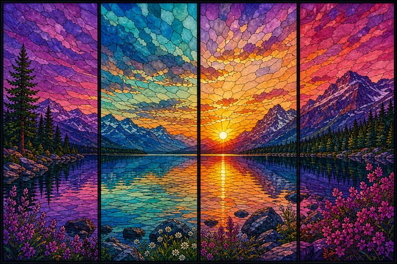 Colorful four-panel landscape painting of sunset over mountains, lake, and wildflowers.