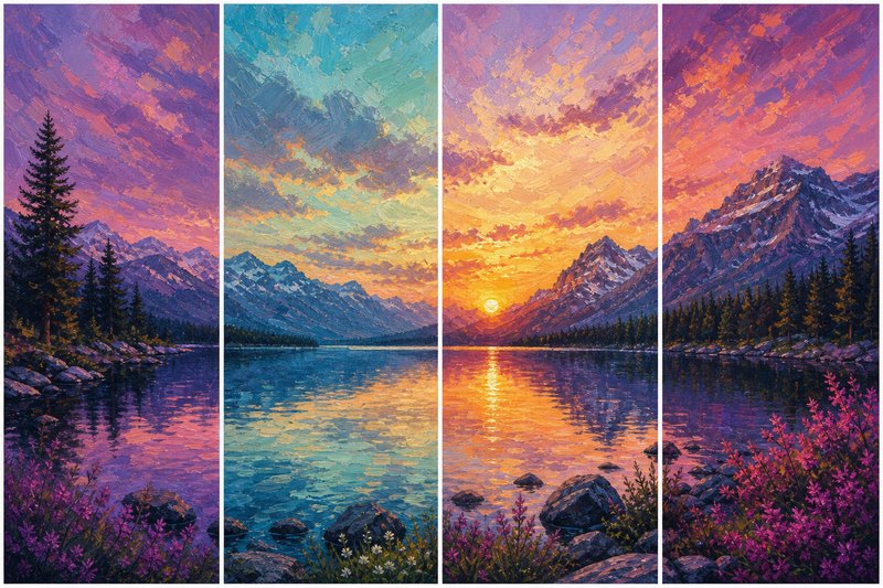 Quad-panel painting of a vibrant sunset over a mountain lake with pine trees.
