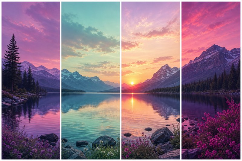 Quad-panel landscape of a colorful sunset over a mountain lake with flowers and rocks.