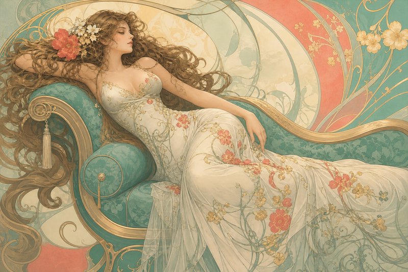 Elegant woman in a flowery gown reclining on a teal and gold Art Nouveau chaise lounge