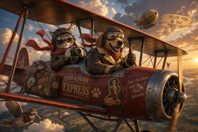 Three anthropomorphic dogs piloting a vintage biplane named "Purr & Furr Express" at sunset.