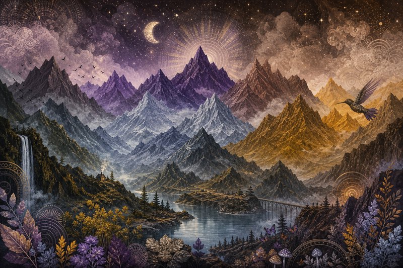 Fantastical mountain landscape with a winding river, bridge, and starry sky at dusk.