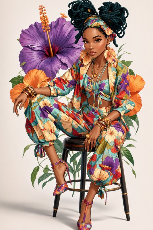 Woman in a vibrant tropical-print outfit with a headwrap, sitting on a stool among oversized hibiscus flowers.