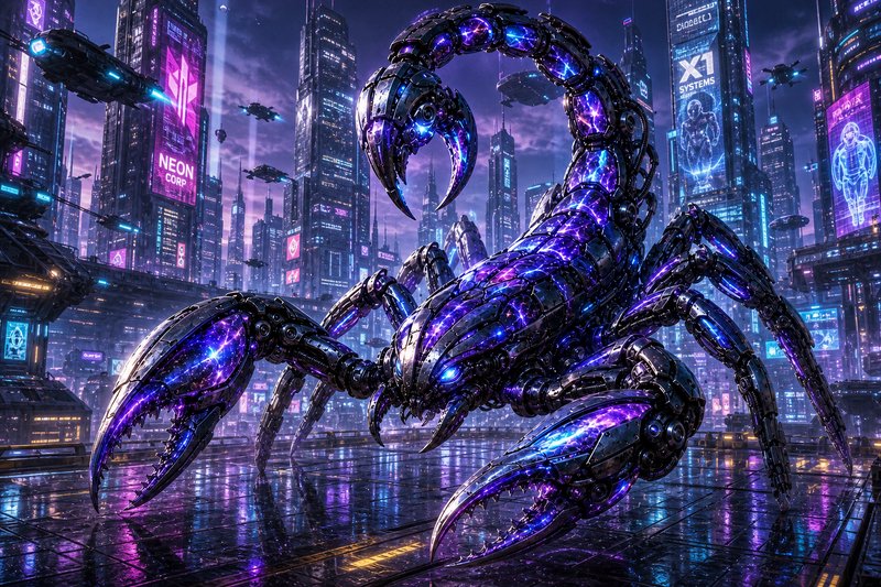 Ultra-detailed neon-lit robotic scorpion towering over a cyberpunk city.