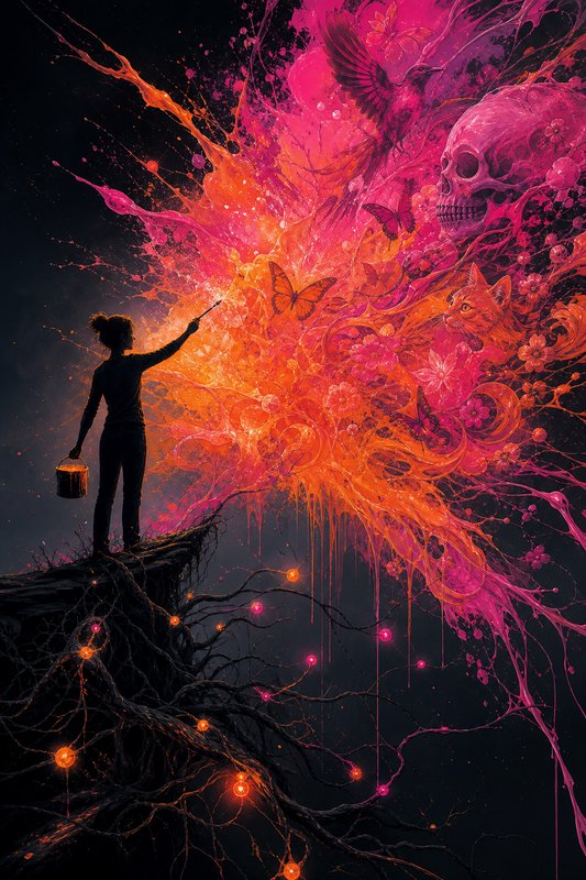 Silhouette on a cliff releasing neon paint that forms a surreal explosion of skulls, flowers, and butterflies.