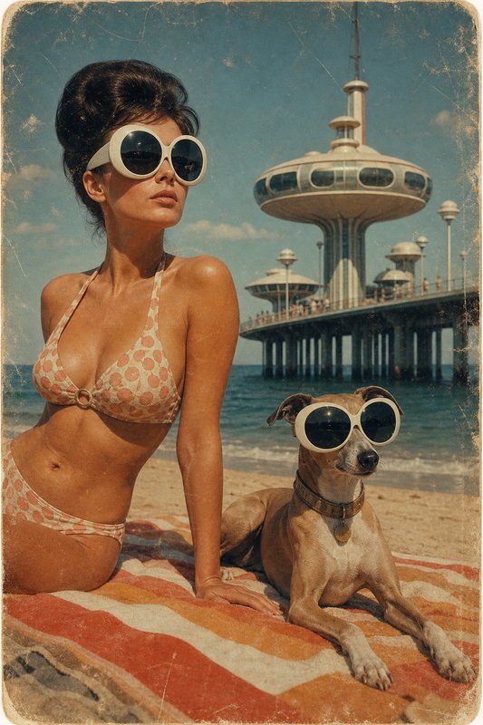 Vintage 1960s snapshot of a woman and whippet dog in matching oversized sunglasses lounging on a sunny beach