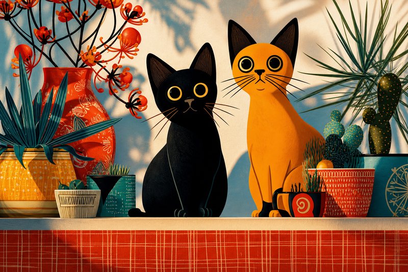 [Illustrated wide-eyed black and orange cats sit on a sunlit shelf surrounded by colorful potted houseplants and flowers.]