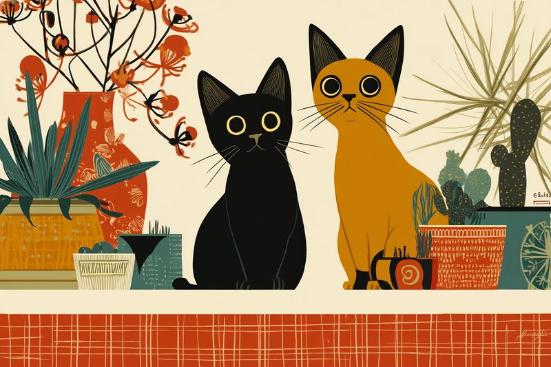 Mid-century modern flat illustration of a black cat and orange cat sitting side-by-side among potted houseplants.