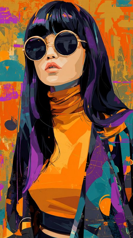 Vibrant pop art portrait of a stylish woman wearing round gold-frame sunglasses, set against a bold textured abstract colo...