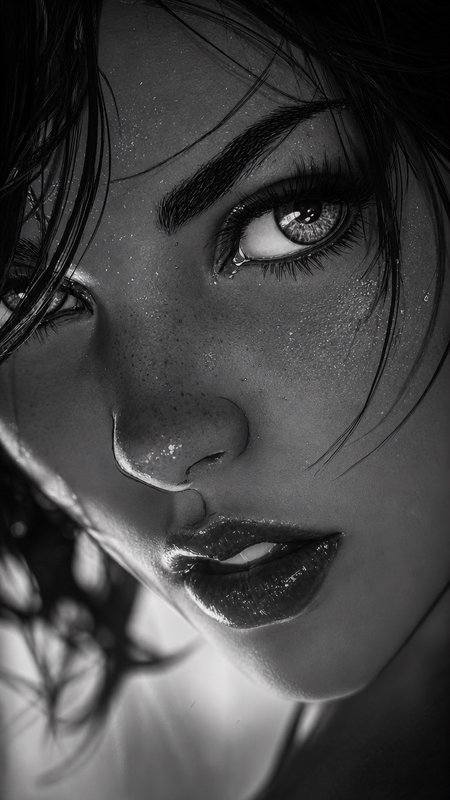 Extreme close up black and white portrait of a woman with a tear, glistening dewy skin, and intense upward gaze