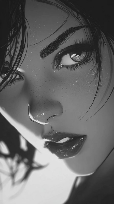 Close-up monochrome digital illustration of a woman's face, with a tear, dewy freckled skin, and stray dark hair strands