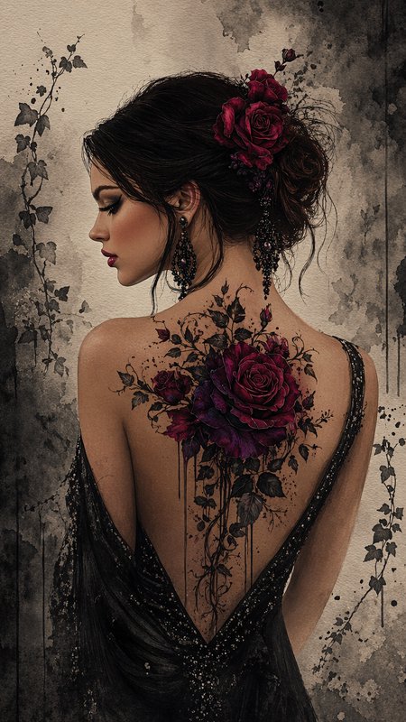 Back view of elegant gothic woman with large burgundy rose back tattoo, rose hair accents, and low-back black gown on