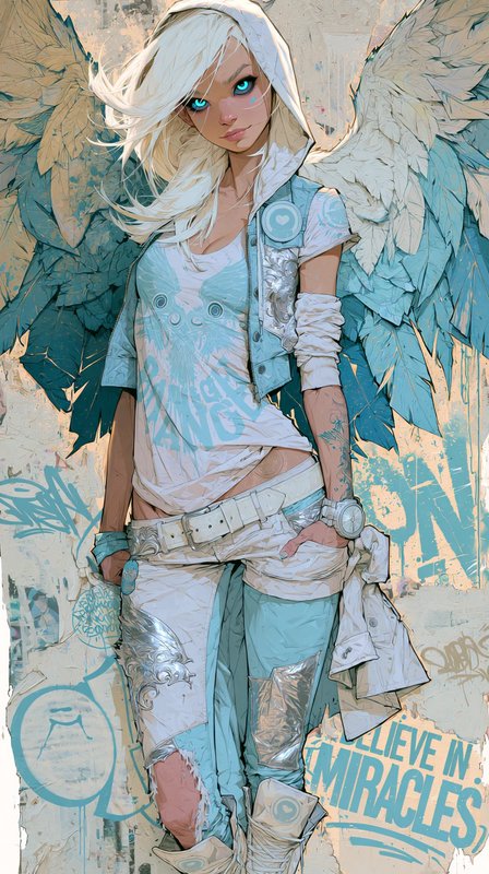 Stylish urban fantasy angel girl with gradient feathered wings, bright cyan eyes, and modern streetwear against a