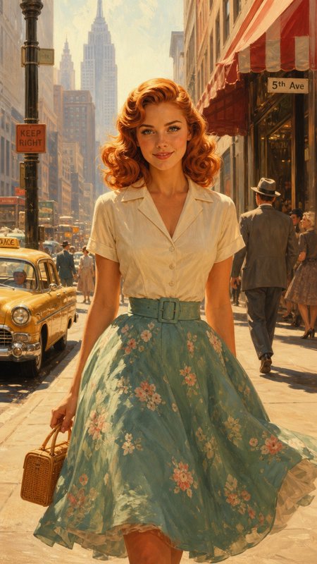 1950s red-haired woman in vintage fashion walking on sunlit 5th Avenue, New York city street.