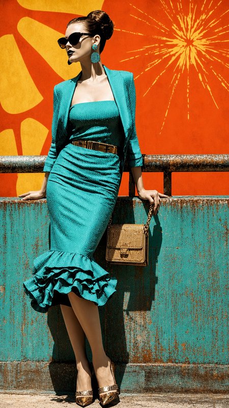 Glamorous retro fashion model in teal ensemble poses against bright orange graphic mural wall