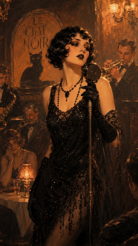 Oil painting of 1920s flapper jazz singer performing at Le Chat Noir Paris cabaret with live jazz band