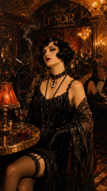 [Glamorous 1920s flapper in a beaded black gown sits at a gilded table in the opulent "Le Noir" vintage jazz club holding ...
