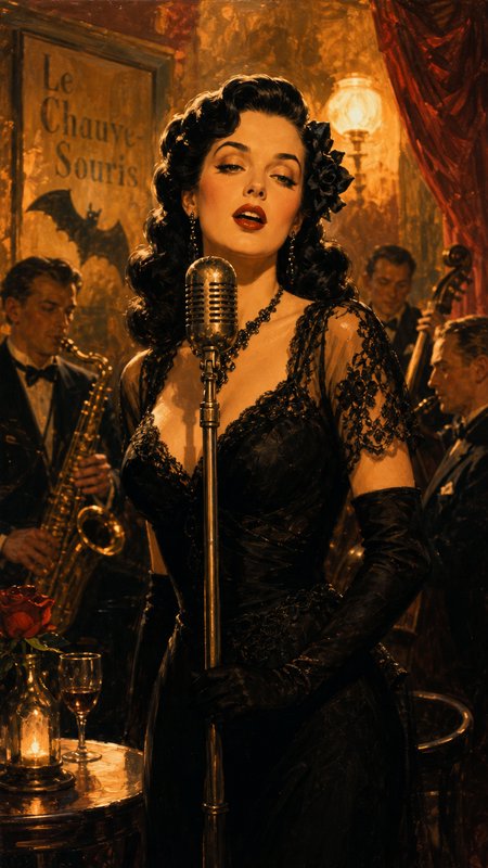 [Glamorous 1940s jazz singer performs at a dim gothic speakeasy, with swing band playing behind her in warm golden light]