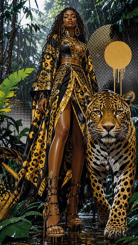 Regal Black woman in ornate black and gold couture stands beside a jaguar in a rainy stylized tropical jungle
